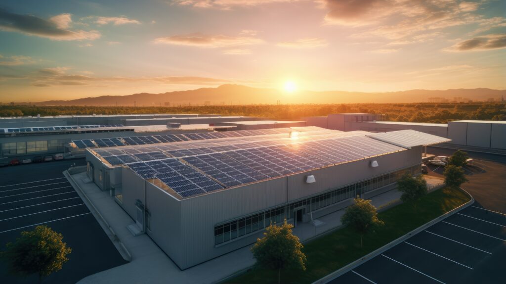 Solaranlage in einem Gewerbegebiet auf einer Fabrikhalle mit Sonnenuntergang und Bergen im Hintergrund